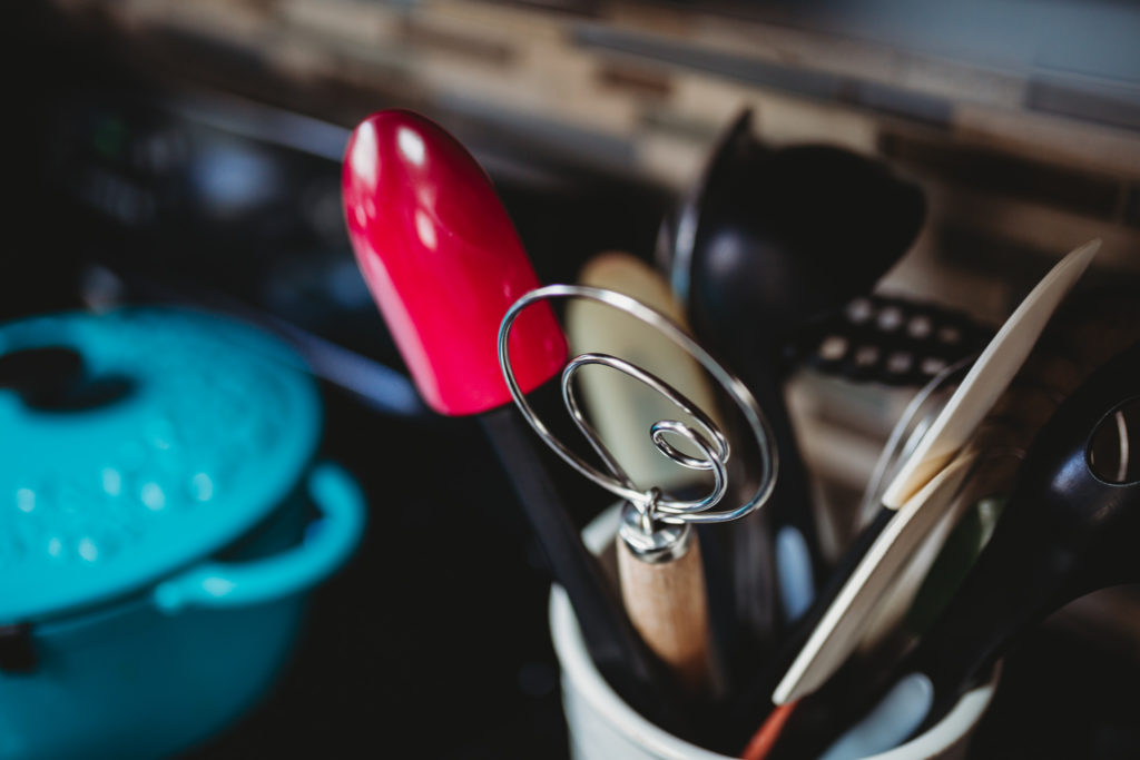 utensils by stove, homemaking