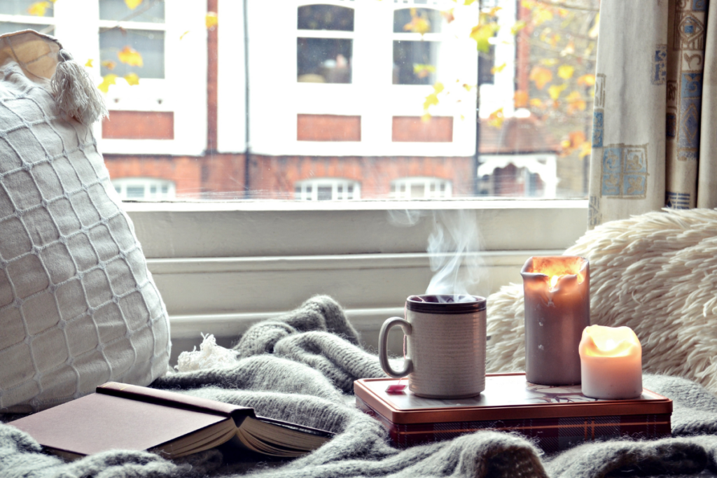 candles, coffee, blanket, cozy